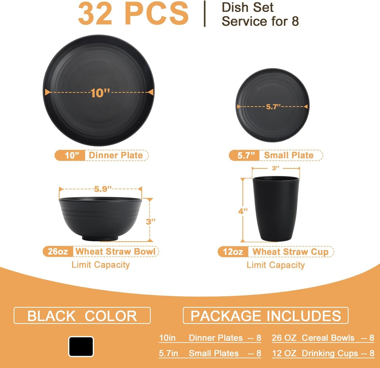 Wheat Straw 32-Piece Dinnerware Set for 8 - Includes Deep Plates, Cereal Bowls, and Drinking Cups, Microwave and Dishwasher Safe, Black Finish