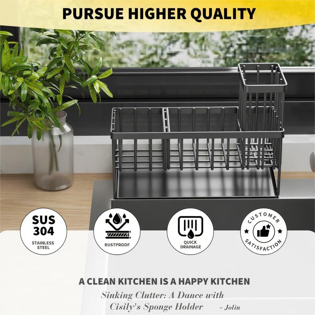 Sink Caddy Organzier with High Brush Holder, Sponge Holder for Sink, 304 Rustproof Stainless, Kitchen Countertop Soap Dispenser Organizer, Dark Gray Kitchen Decor and Accessories