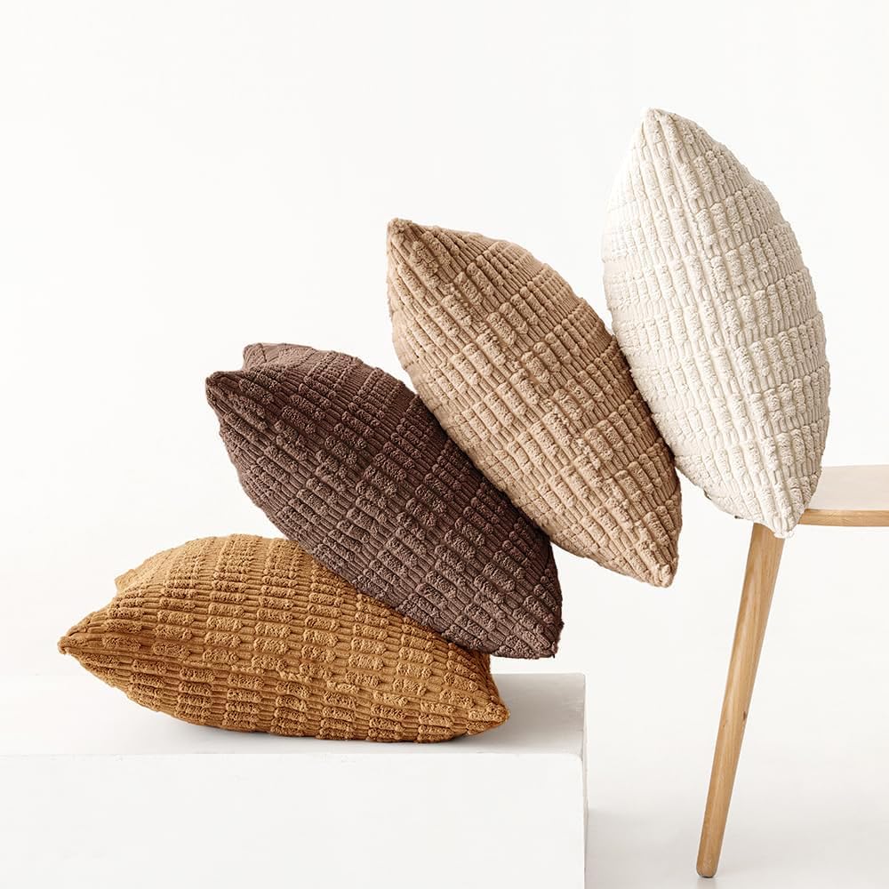 Pack of 4 Neutral Corduroy Decorative Throw Pillow Covers 18X18 Inch for Sofa Living Room Couch Bed Rustic Farmhouse Boho Soft Striped Pillow Covers Home Decor Brown