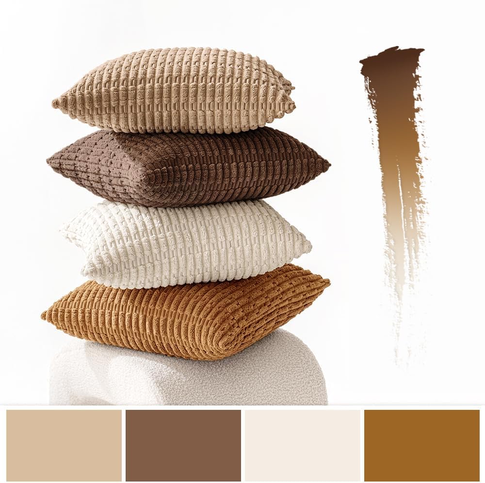 Pack of 4 Neutral Corduroy Decorative Throw Pillow Covers 18X18 Inch for Sofa Living Room Couch Bed Rustic Farmhouse Boho Soft Striped Pillow Covers Home Decor Brown