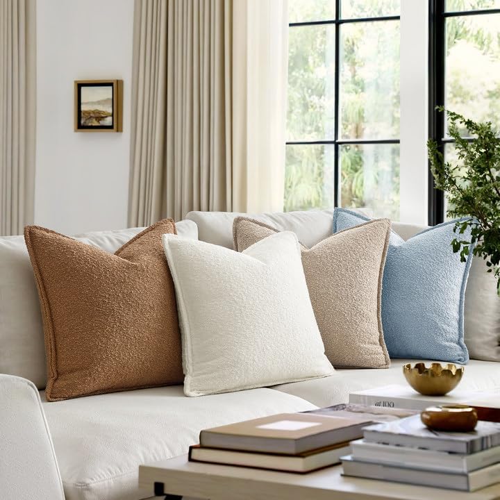 Pack of 2 Decorative Textured Boucle Throw Pillow Covers 18X18 Inch Light Blue Broadside Thick Coastal Boho Pillows for Farmhouse Accents Sofa Couch Bedroom Living Room Home Decor