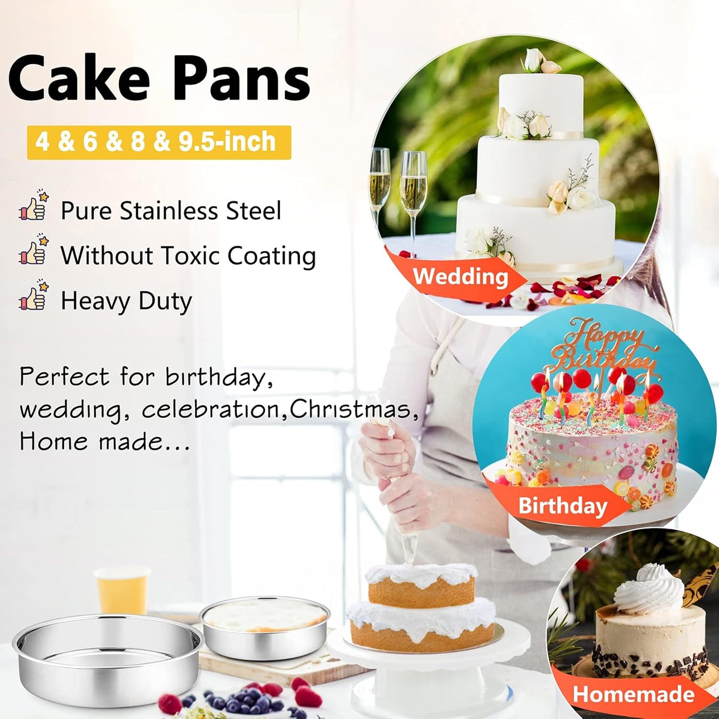 153Pcs Cake Baking Pan Set Decorating Supplies Kit, Stainless Steel 4/6/8/9.5 Inch Cake Pans with Icing Tips Tools, Parchment Papers, Whisk, Egg Separator, Muffin Cups, Measuring Spoon