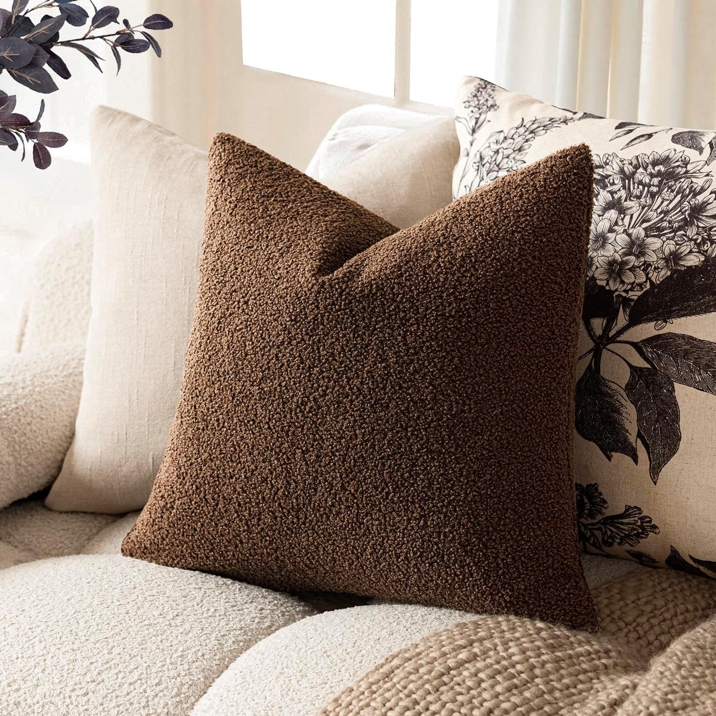 Pack of 2, Curly Faux Fur Decorative Throw Pillow Covers Soft Fuzzy Plush Cushion Case with Zipper Cozy Pillowcase for Home Living Room Couch Bed Sofa 16 X 16 Inch,Dark Brown