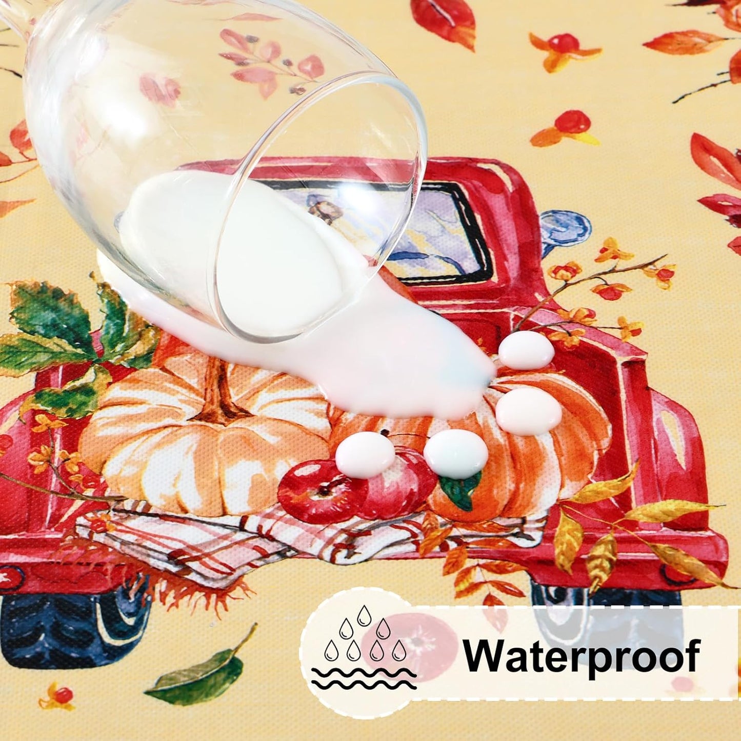 round Fitted Tablecloth with Elastic Edge, 100% Waterproof Oil Proof Plastic Table Cover, Vinyl Flannel Backed Tablecloth Fits 36"-44" round Tables for Fall, Thanksgiving, Pumpkin Truck