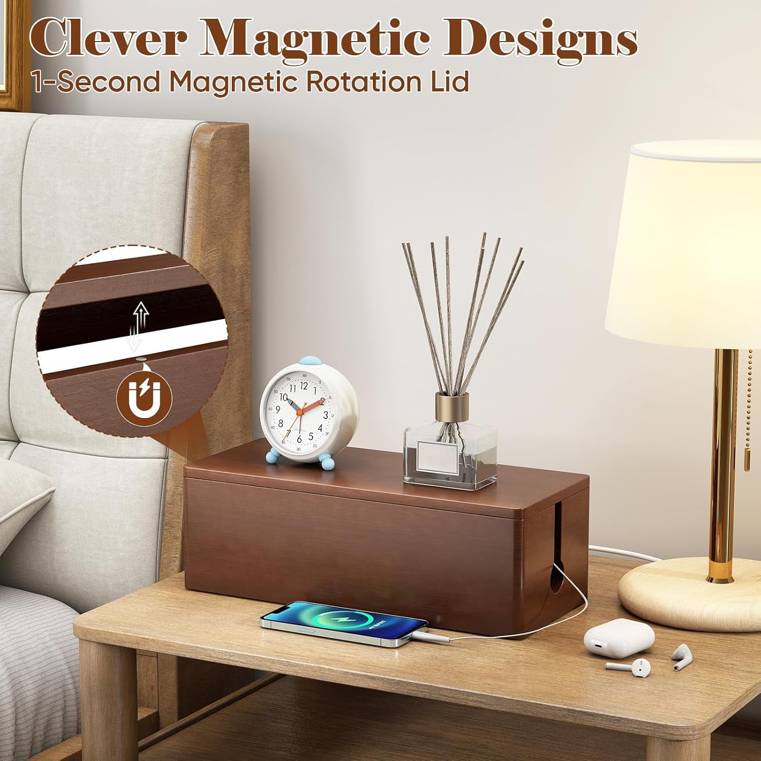 Cable Management Wooden Box with Magnetic Lid, Duty Cord Organizer Power Strip Hider Cover with Ventilation for Desk, Floor, Home Office, Baby-Pets Safe Storage Solution