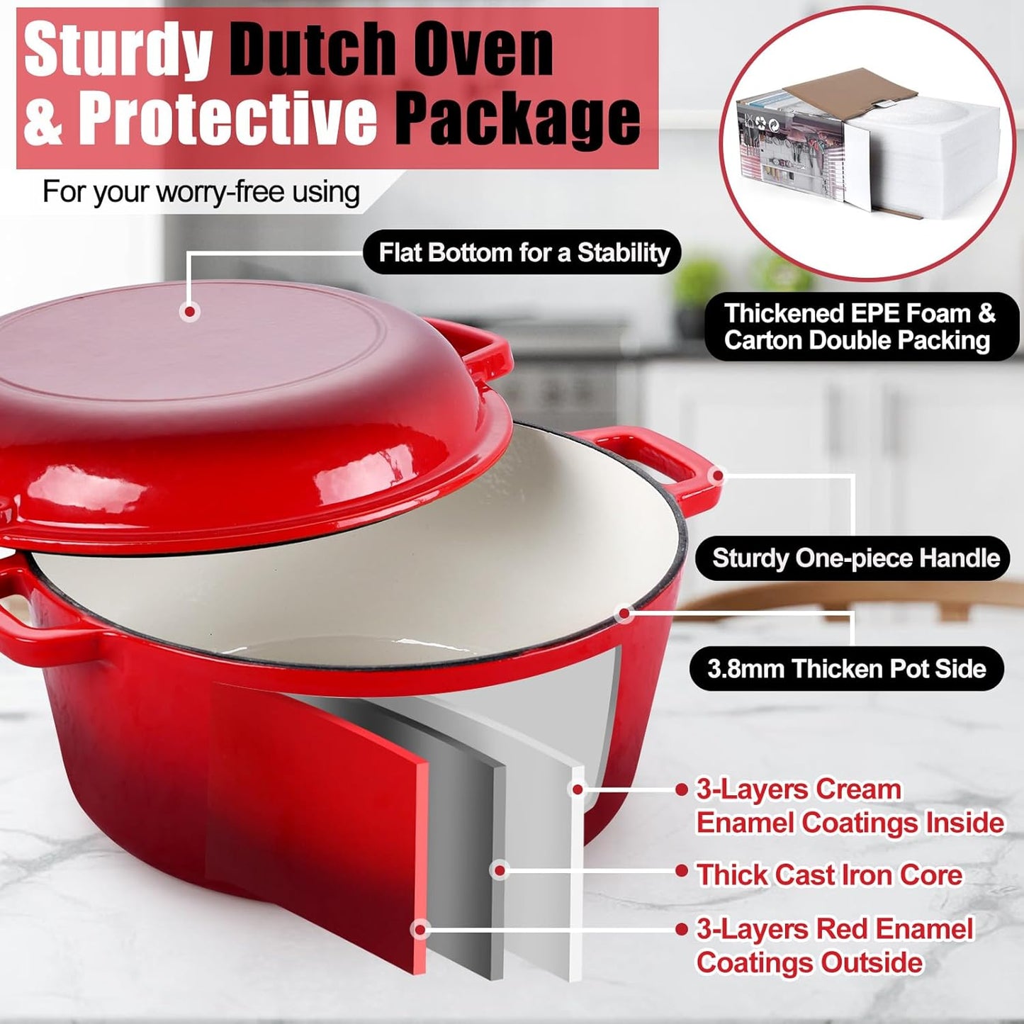 5Qt Dutch Oven Pot for Bread Baking (Red), 2 in 1 round Cast Iron Dutch Oven with Lid Set, Skillet & Pot for Roasting Braising Stewing Frying Simmering, Multi Stoves & Oven Safe