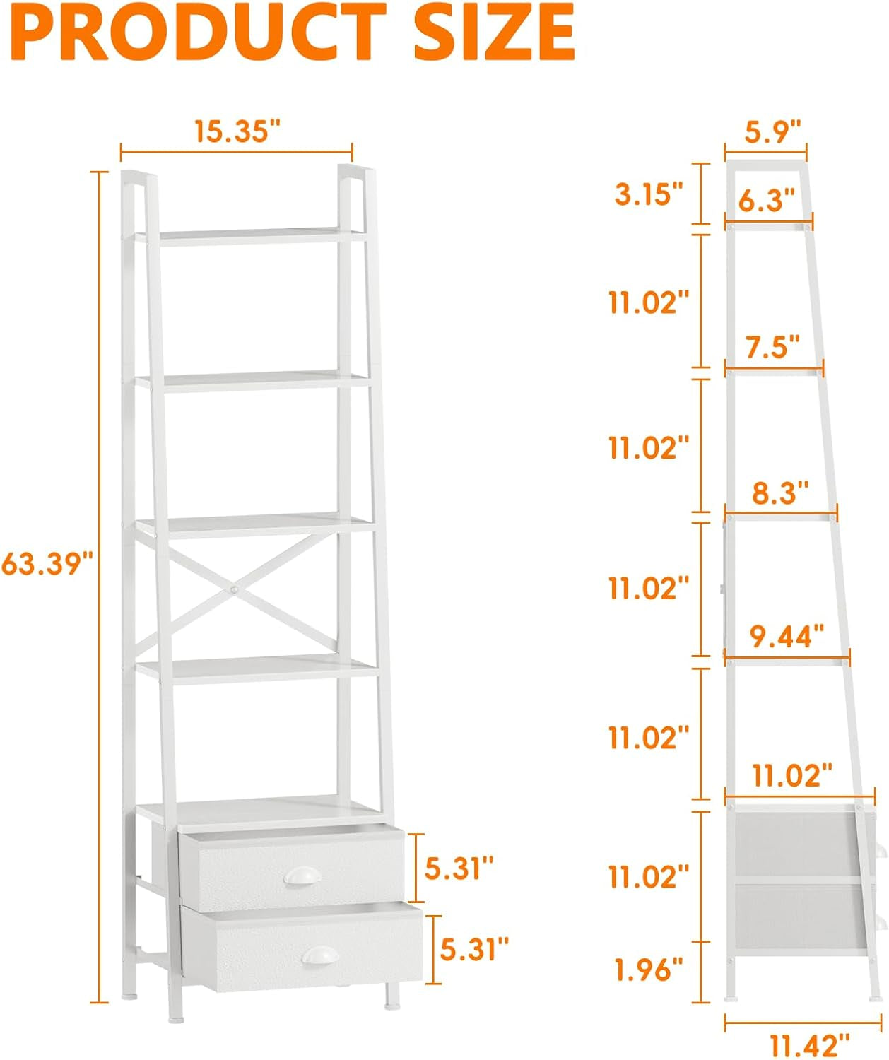 5-Tier Ladder Shelf with 2 Drawers,Narrow Bookshelf Storage Shelves,Industrial Bookcase Freestanding Rack Units for Bedroom,Living Room,Bathroom,Home Office,Balcony,Wood Metal, White