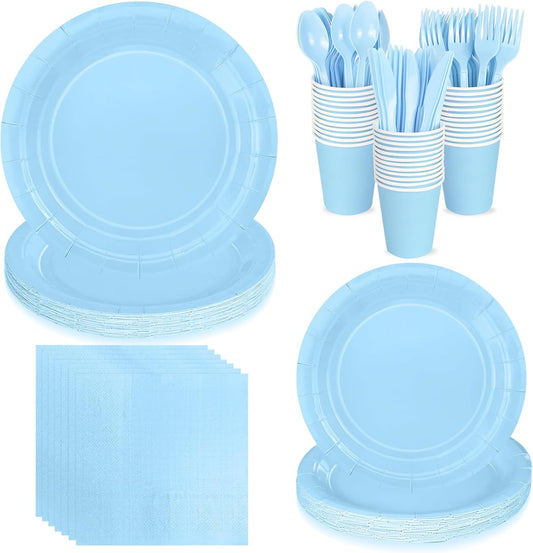 168PCS Light Blue Paper Plates and Napkins, Blue Disposable Plates Set for Baby Shower Gender Reveal Birthday Party Supplies Serve 24 Guests