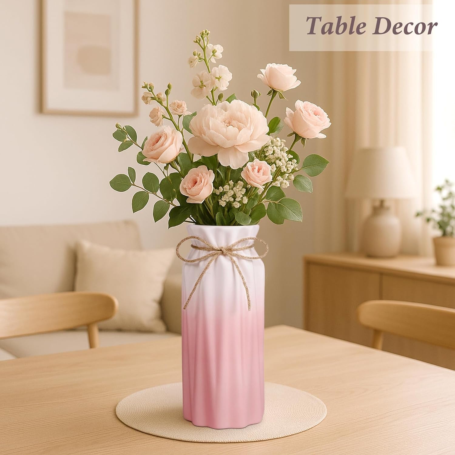 Gradient Pink Ceramic Bow Vase, Flower Vases Minimalism Style for Modern Home Decor, Decorative Vase for Living Room, Coffee Table, Office, Bookshelf and Farmhouse Table