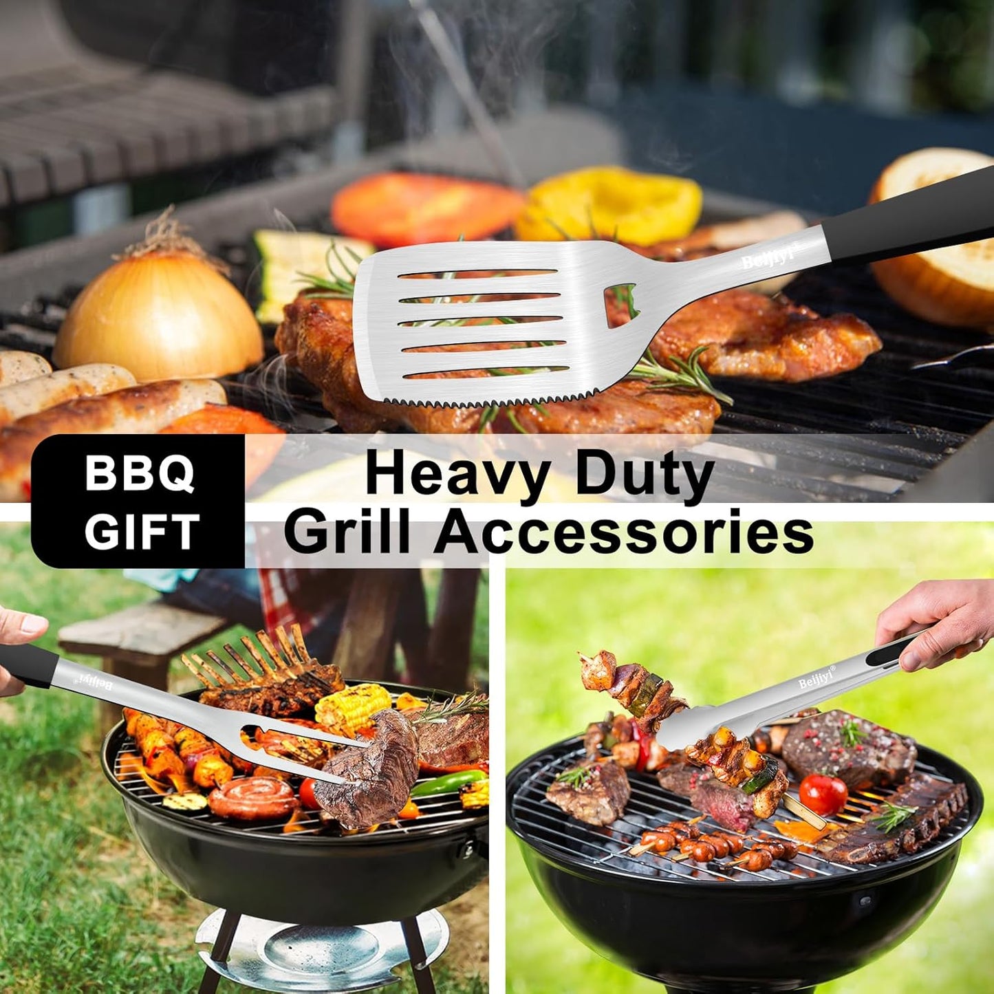 Stainless Steel BBQ Grill Tools Set, BBQ Grill Accessories for Outdoor Grill with Metal Spatula, Fork, and Tongs, Grilling Tools with Full Tang Silicone Handle, Barbecue Grill Cooking Utensils