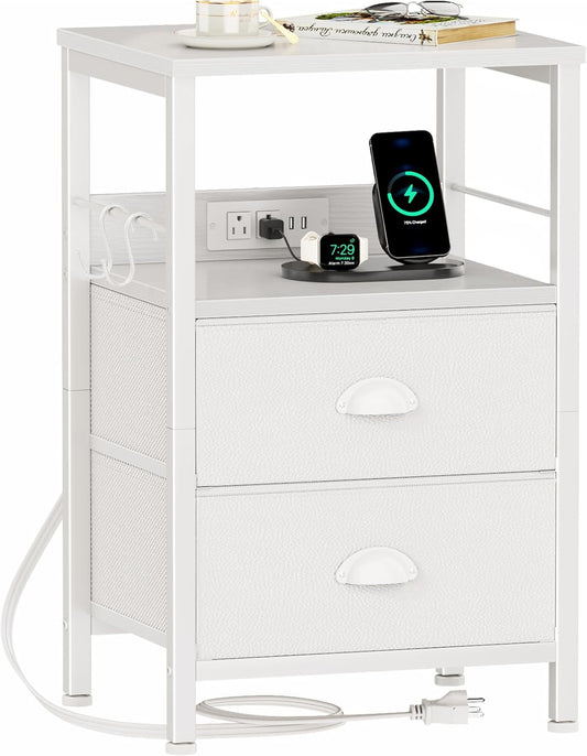 End Table with Charging Station, Nightstand with Fabric Drawers, Side Tables with USB Ports & Outlets, Night Stand with Storage Shelf & Hooks, for Living Room/Bedroom, White