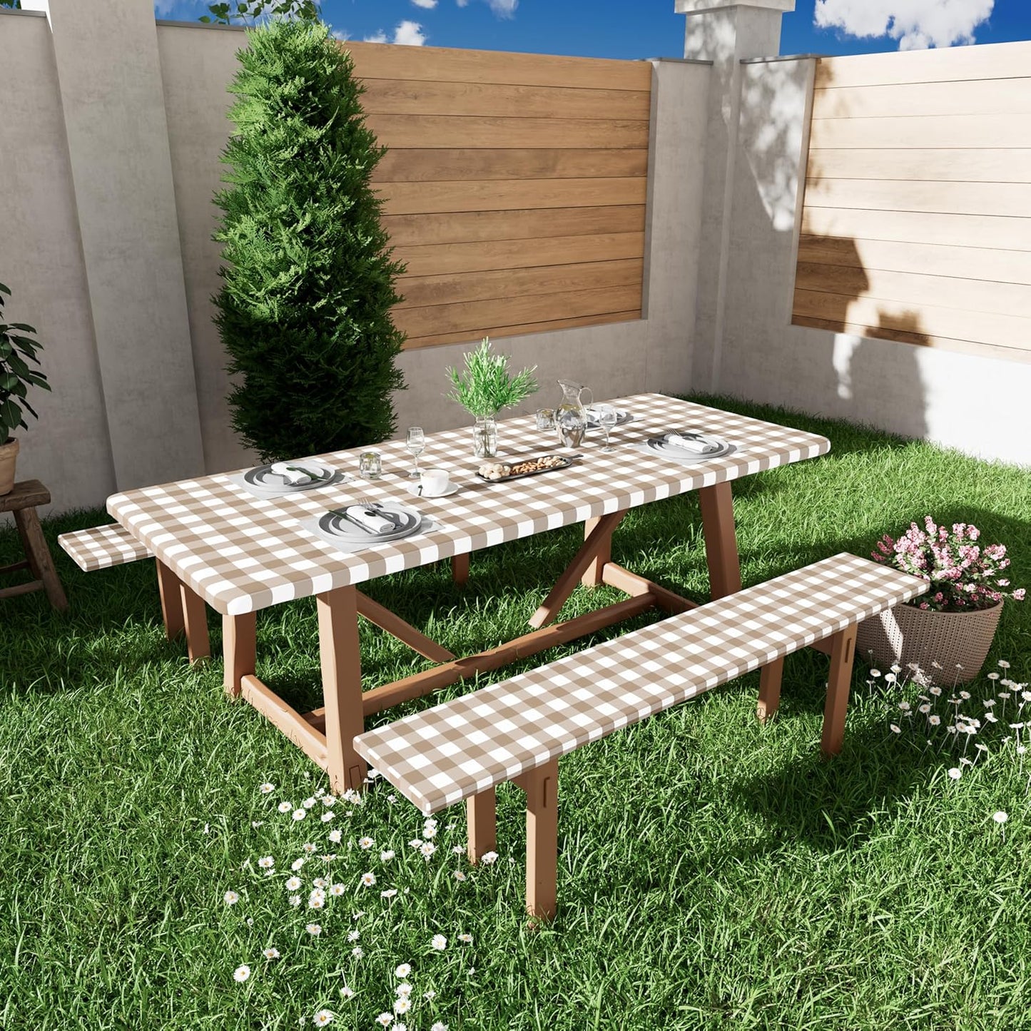 Waterproof Elastic Fitted Picnic Table and Bench Covers, Washable Buffalo Plaid Tablecloth for 6-Foot Rectangle Tables, Outdoor Use (Khaki & White, 30" x 72")
