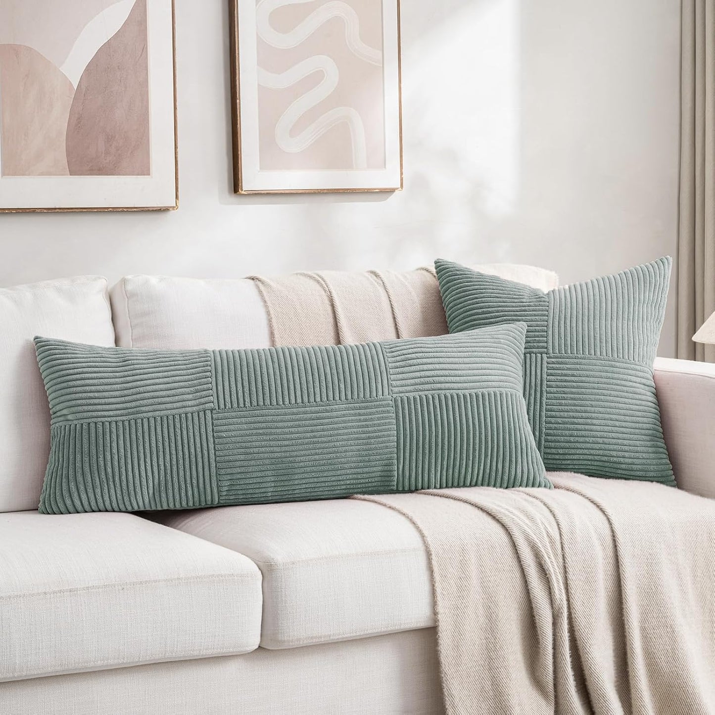 2 Packs Grey Blue Decorative Throw Pillow Covers 18X18 Inch for Couch Bed Sofa, Rustic Boho Farmhouse Home Decor, Soft Corss Corduroy Patchwork Textured Square Cushion Case 45X45 Cm