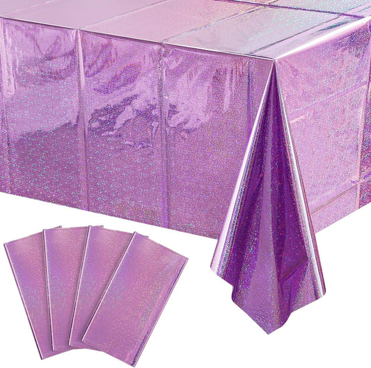 4 Pack Iridescent Light Purple Plastic Tablecloths Shiny Disposable Laser Rectangle Table Covers Holographic Foil Tablecloth Party Decoration Birthday Bridal Wedding Christmas 54 X 108 Inch