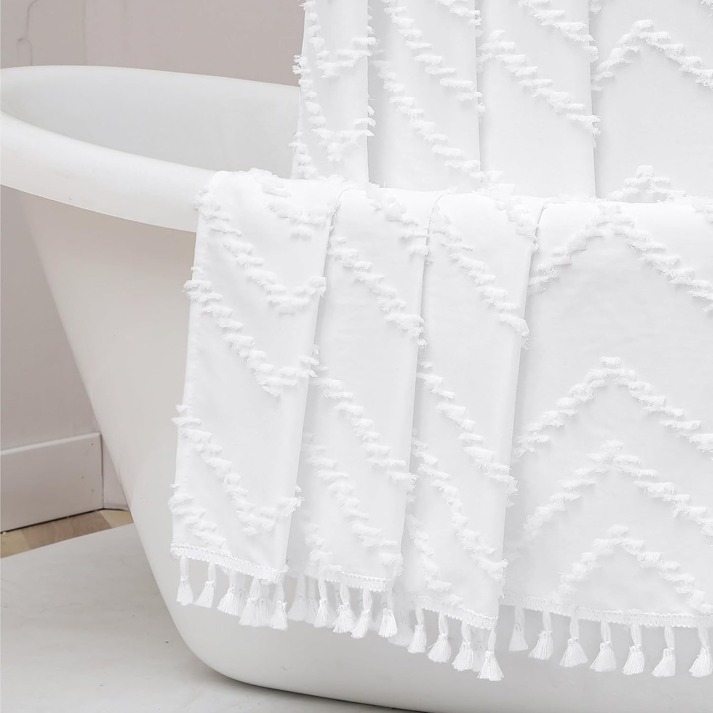 Boho Shower Curtain, White Fabric Cloth Shower Curtains Farmhouse Tufted Chevron Striped Textured with Tassel for Bathroom, Soft Hotel Style Modern Minimalist, Machine Washable, 72X72, White