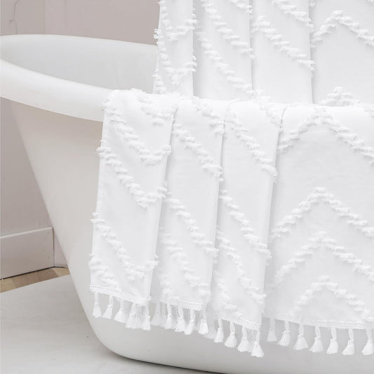 Boho Shower Curtain, White Fabric Cloth Shower Curtains Farmhouse Tufted Chevron Striped Textured with Tassel for Bathroom, Soft Hotel Style Modern Minimalist, Machine Washable, 72X72, White