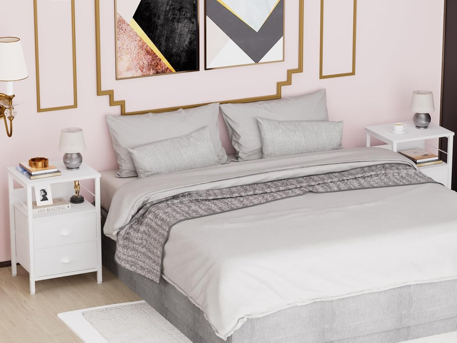 Nightstands Set of 2, End Table with 2 Fabric Drawers, Night Stand with 2 Hooks, Open Wood Shelf Bedside Table for Bedroom/Living Room/White