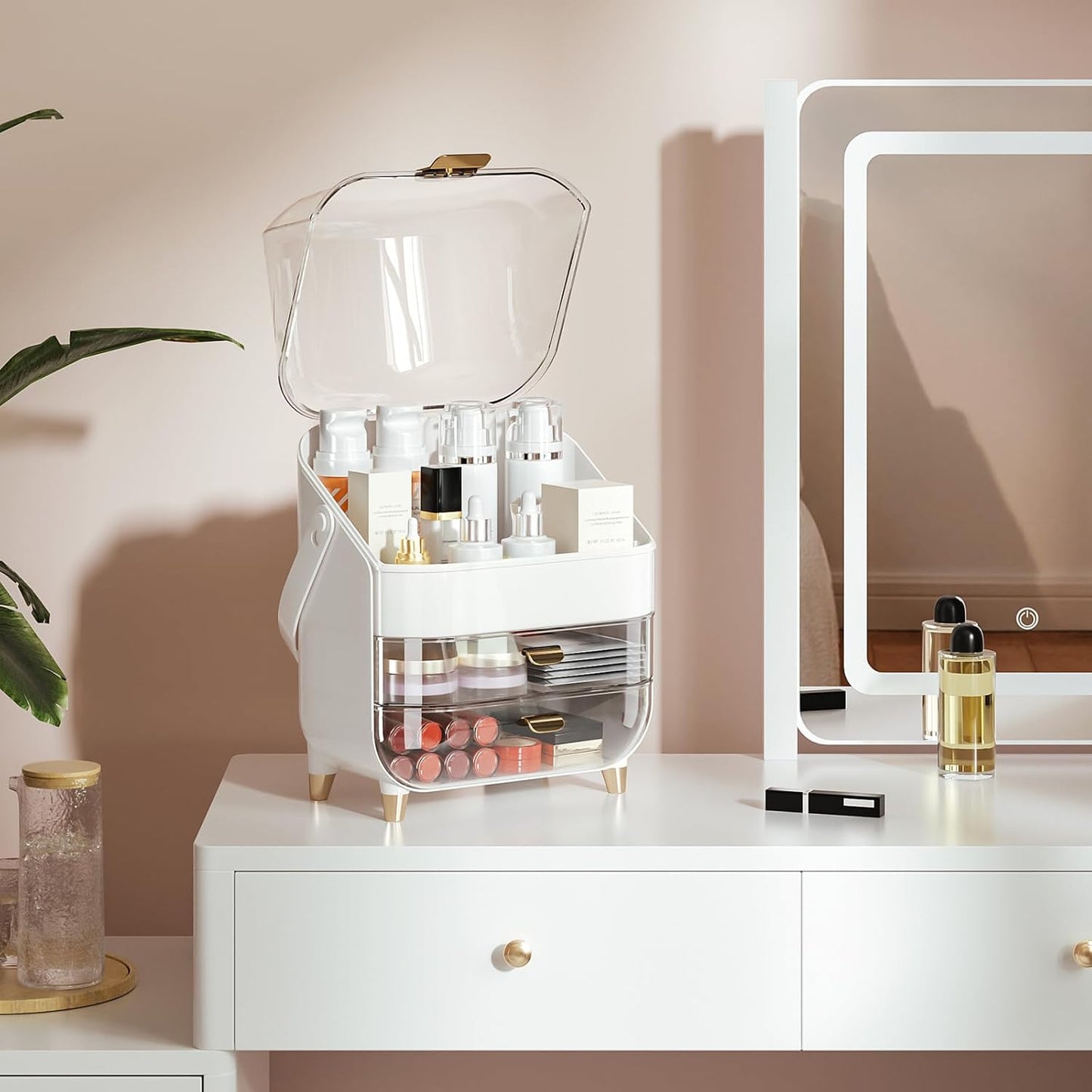 Makeup Organizer for Vanity, Skincare Organizer with Lid and Drawers, Bathroom Counter Organizer Perfume Makeup Storage, Large Cosmetic Display Case for Dresser, Bathroom Countertop, White