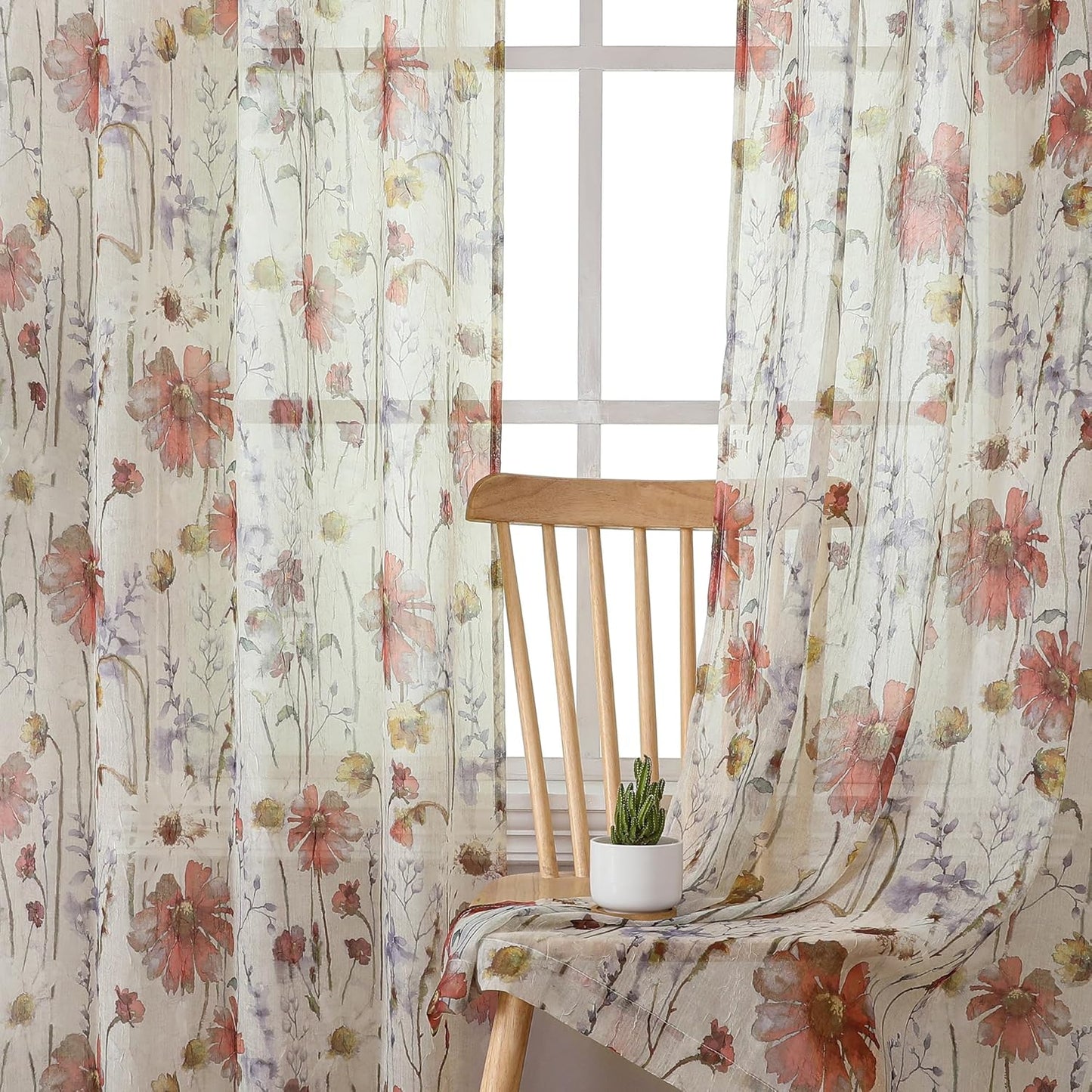 Crushed Sheer Curtains Kitchen Tiers 36 Inch Length 2 Panels, Printed Design Small Window Half Curtains for Bathroom Cafe Bedroom Cupboard Living Room, Short Light Filtering Curtain, 42"X36"