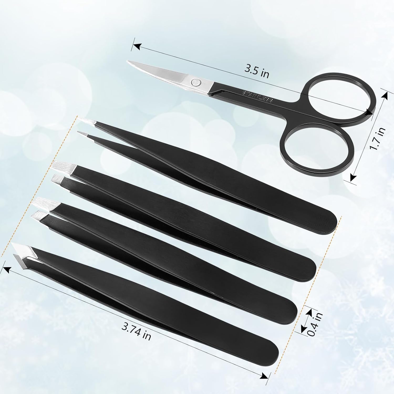 5-Piece Premium Set Matte Black Stainless Steel Eyebrow Tweezers Kit with 4 Precision Tips (Slant/Pointed/Flat/Rounded) & Sharp Grooming Scissors for Facial Hair Removal & Splinter Extraction