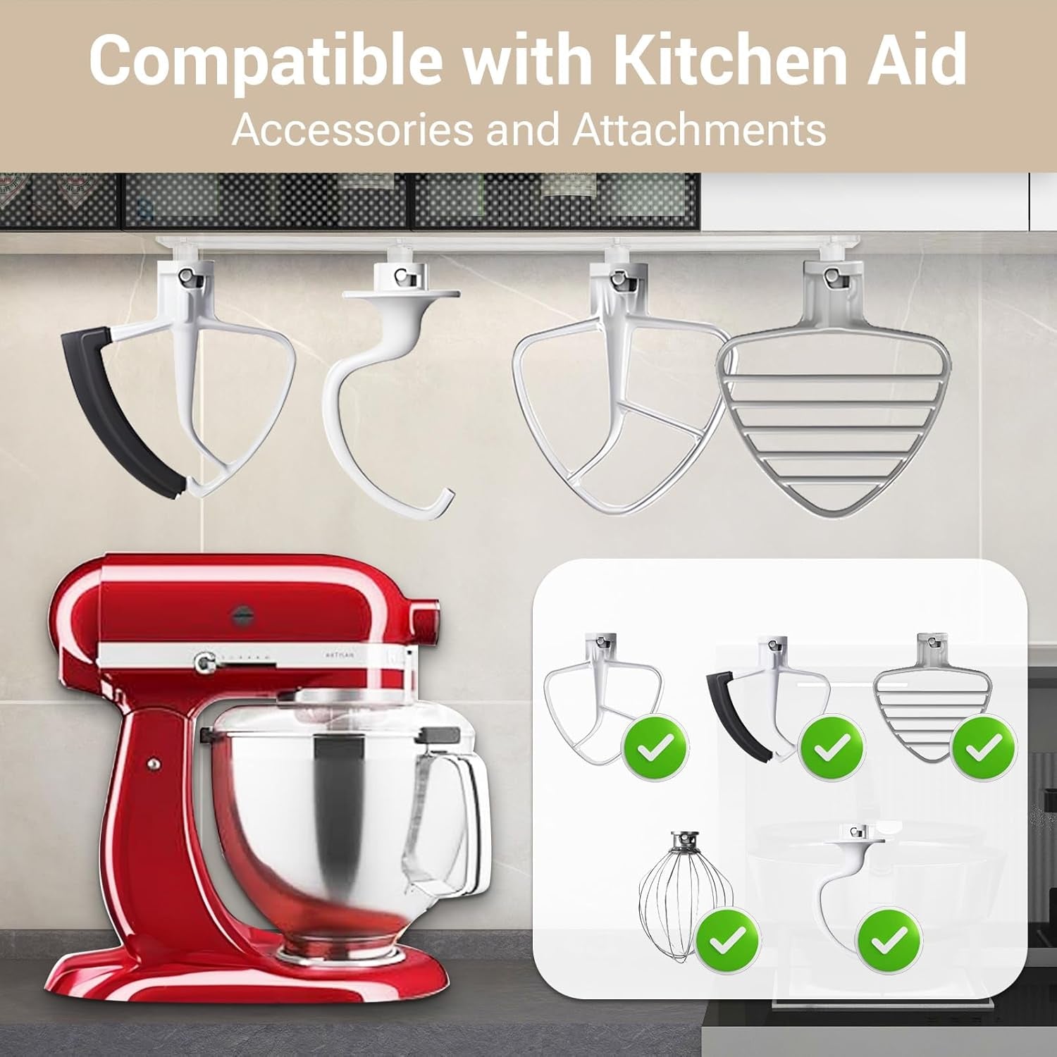 2 Pack Mixer Attachment Holder for Kitchen Aid Stand Mixer Accessories and Attachments, Hanging Hooks Mixer Attachment Organizer Compatible with Kitchen Aid Mixer Accessories