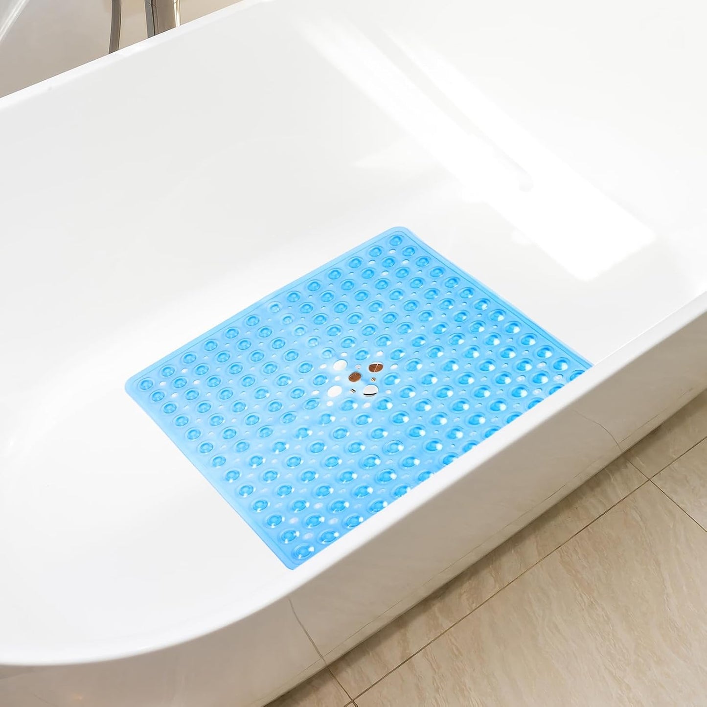 Shower Mat Non Slip 21 X 21 Inches, Square Shower Mat with Suction Cups and Drain Holes, Shower Stall Mat Machine Washable (Clear Blue)