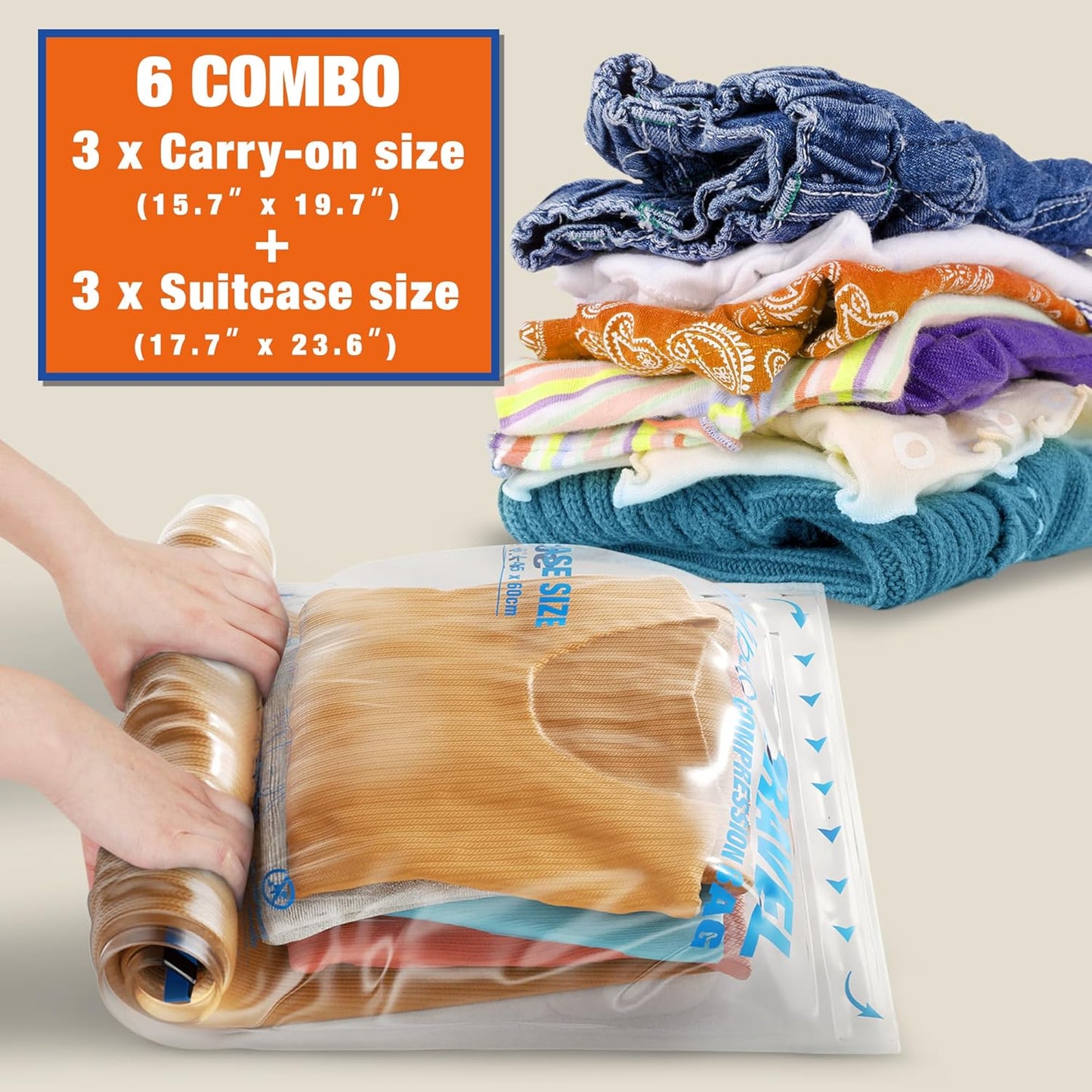 6 Compression Bags for Travel Essentials, Vacuum Packing Space Saver Bags for Cruise Accessories (6-Travel)