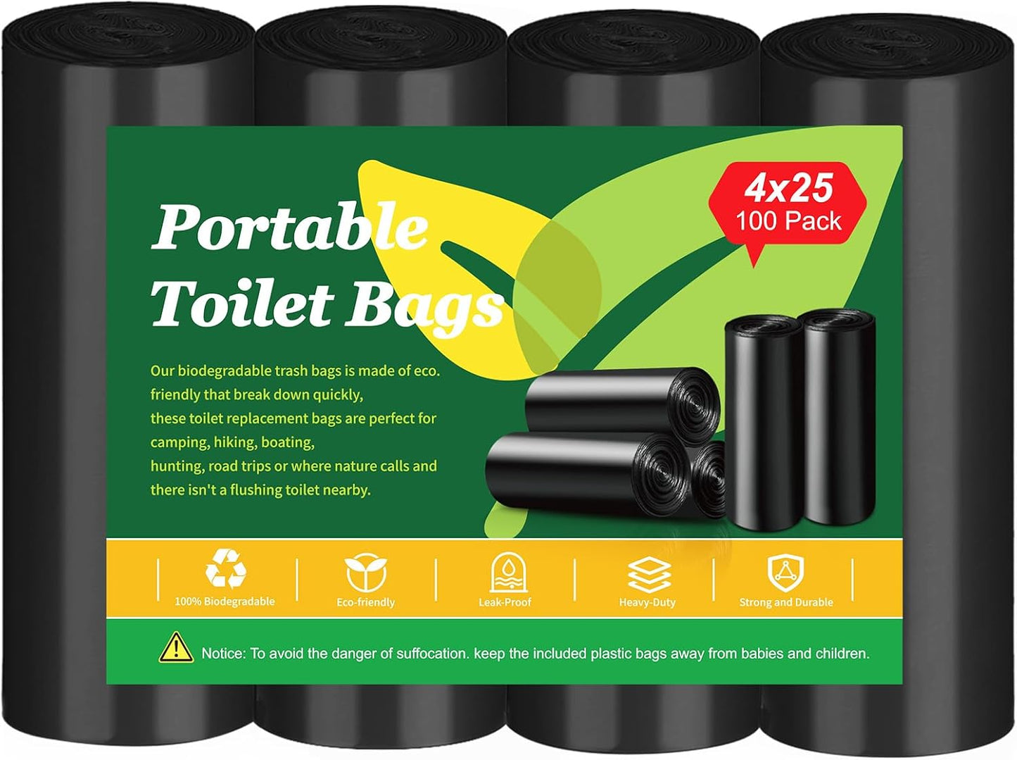 Portable Toilet Bags for Camping – 8 Gallon Biodegradable Compostable Waste Bags for 5 Gallon Bucket Toilet, Extra Thick Leak-Proof Porta Potty Bags for Outdoor, Travel, Car, Hiking & Boating