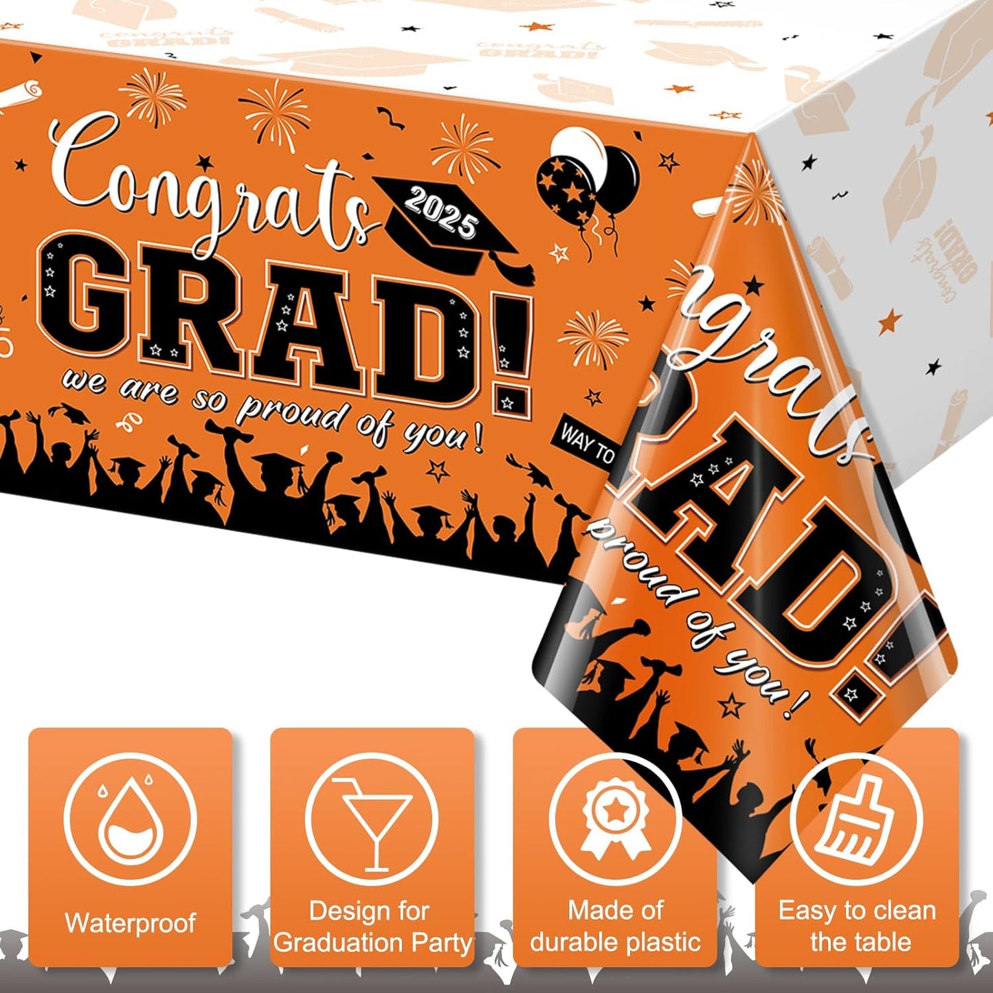 12Pack Graduation Tablecloth Party Decorations, Class of 2025 Congrats Grad Plastic Tablecover Party Supplies, Orange Rectangle Graduation Table Decorations for College High School Party, 54 X 108Inch