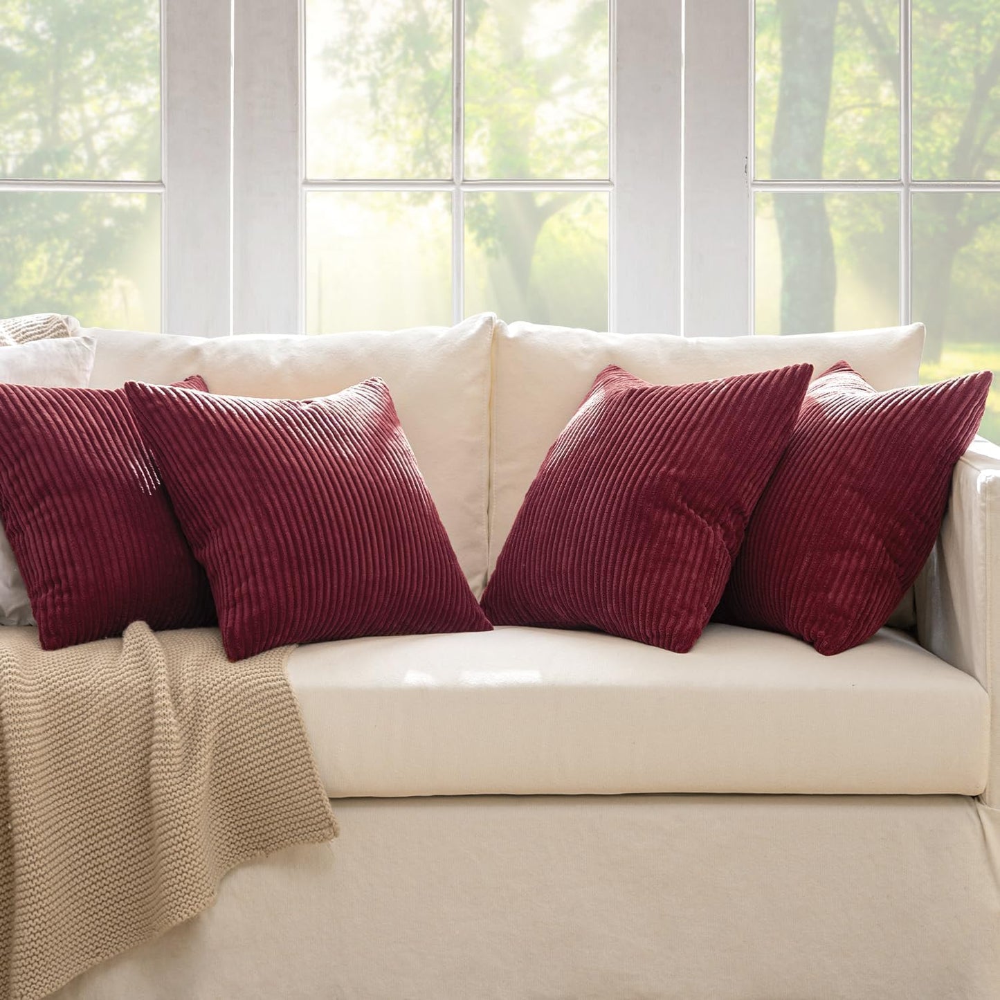 Boho Farmhouse Throw Pillow Covers 16X16 Inch Set of 4 Mordern Nordic Cushion Covers Soft Corduroy Christmas Home Decor for Couch Bed Sofa Living Room Burgundy