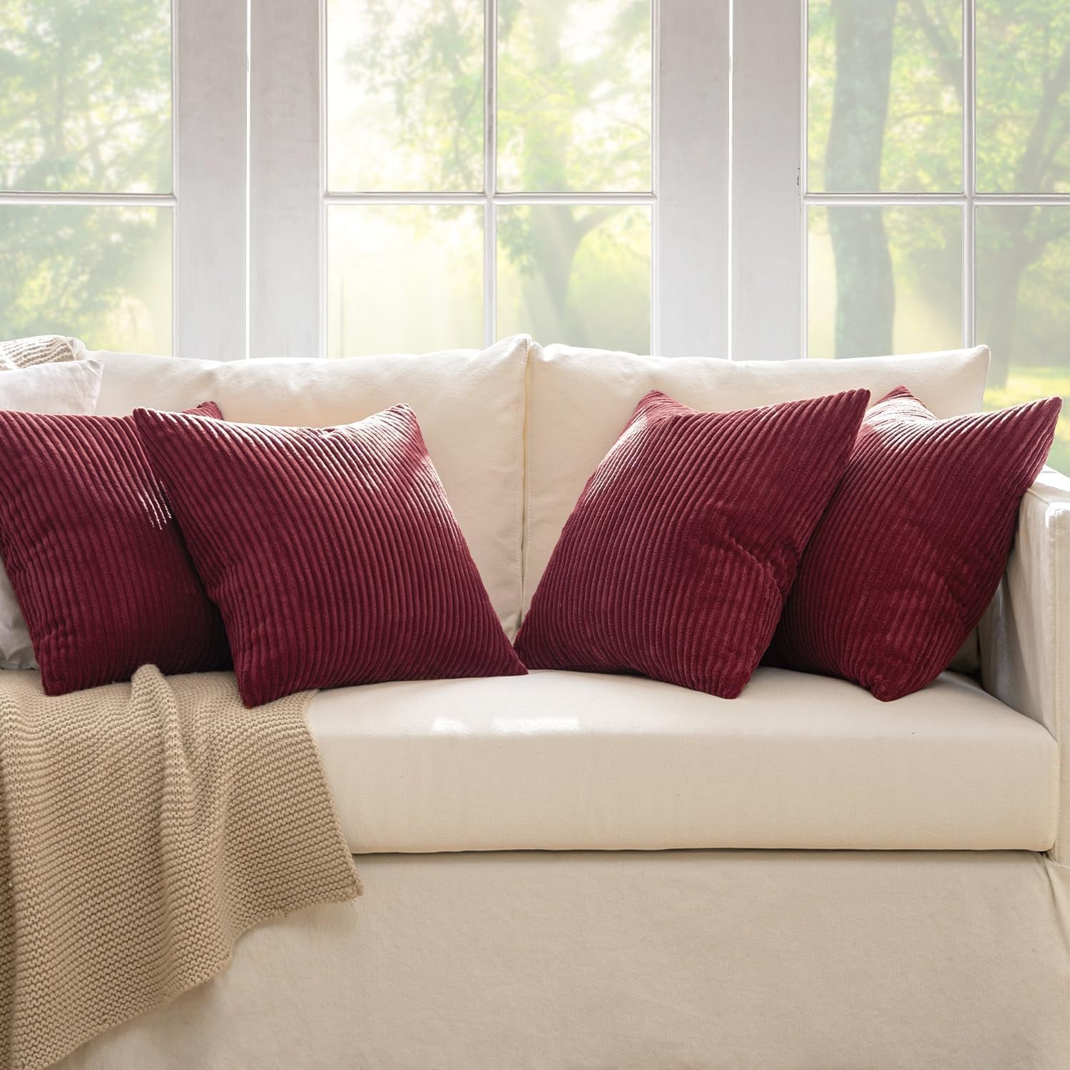 Boho Farmhouse Throw Pillow Covers 16X16 Inch Set of 4 Mordern Nordic Cushion Covers Soft Corduroy Christmas Home Decor for Couch Bed Sofa Living Room Burgundy