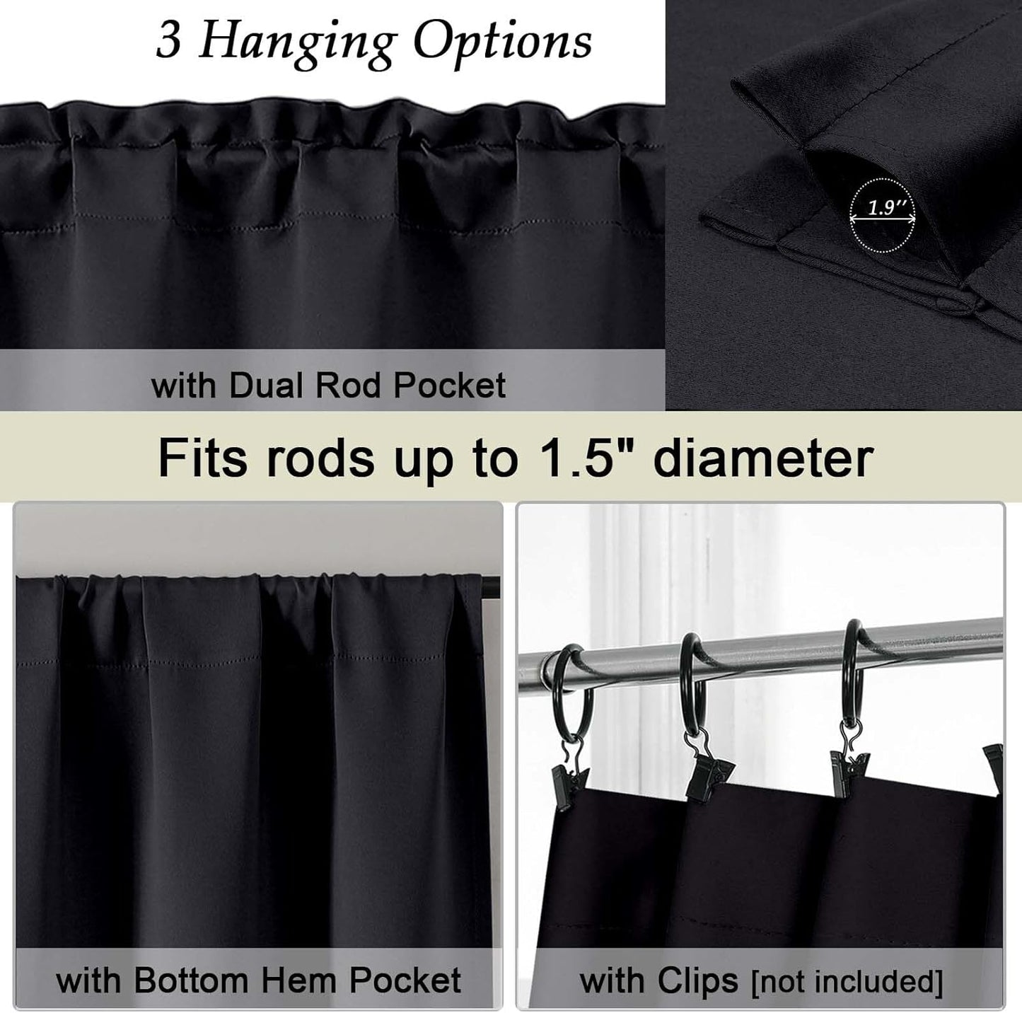 Black Valance for Windows, Short Blackout Curtains for Kitchen/Small Windows with Rod Pocket,Thermal Insulated Solid Curtain Valance, Each 60Wx14L Inches, 1 Piece