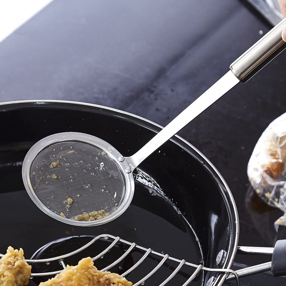 Stainless Steel Fat Skimmer Spoon - Fine Mesh Food Strainer for Grease, Gravy and Foam, Japanese Hot Pot Skimmer with Long Handle