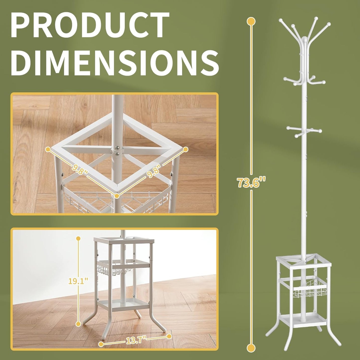 Coat Rack Freestanding, Coat Tree with Umbrella Holder, Metal Coat Rack Stand with 12 Hooks, Modern Coat Hanger Stand for Entryway, Purse Rack Hat Rack Stand for Living Room Bedroom Office