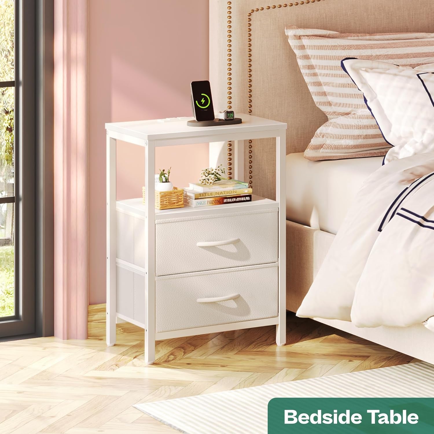 Elegant Nightstand with Integrated Charging Station, Fabric Drawers, Open Shelf, USB Ports, and Outlets - White Finish