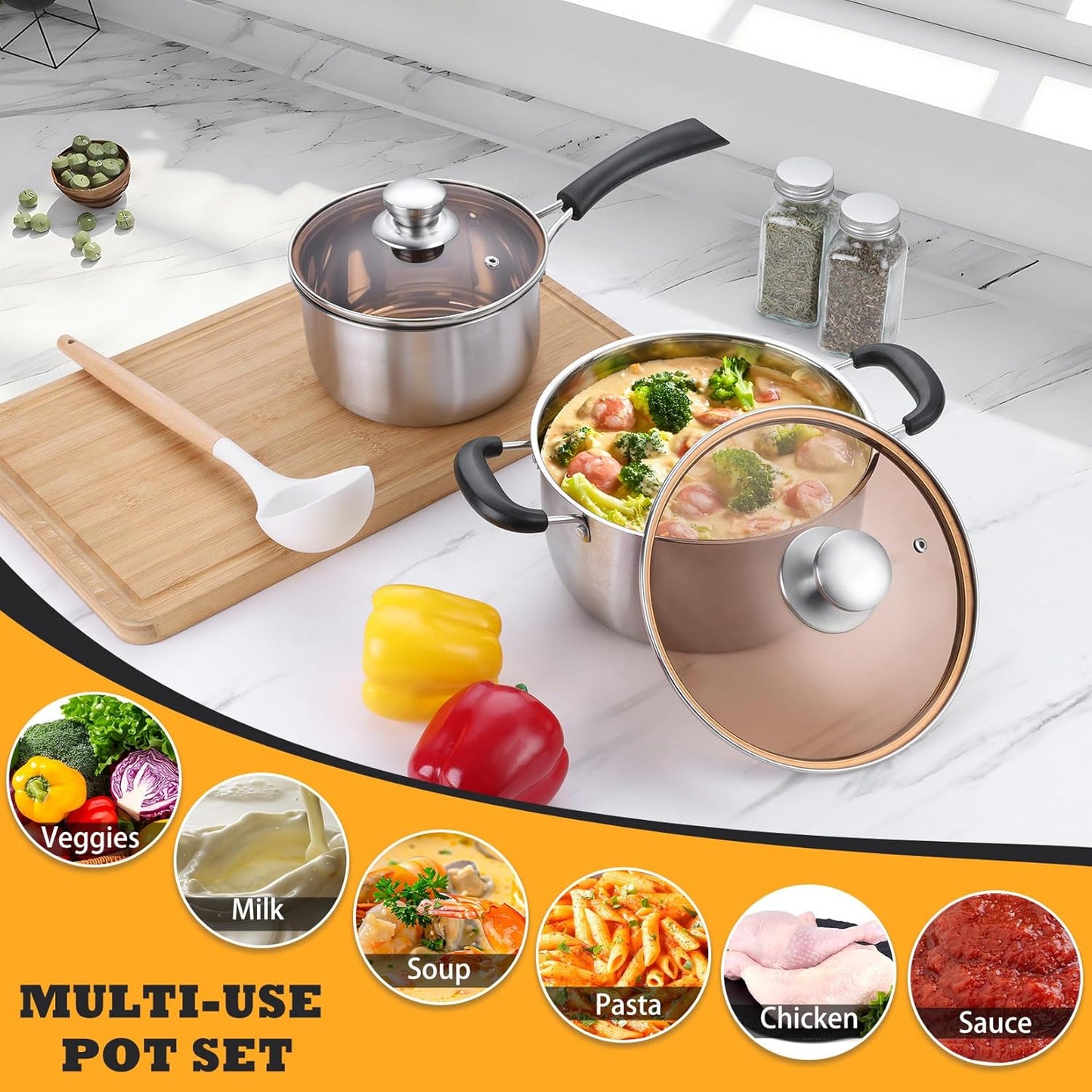 Saucepan and Stockpot Set, Stainless Steel Cooking Stock Pot with Lid, Good Cookware for Kitchen Cooking Boiling, Visible Lid & Heat-Proof Handle, Dishwasher Safe, 2QT & 4QT