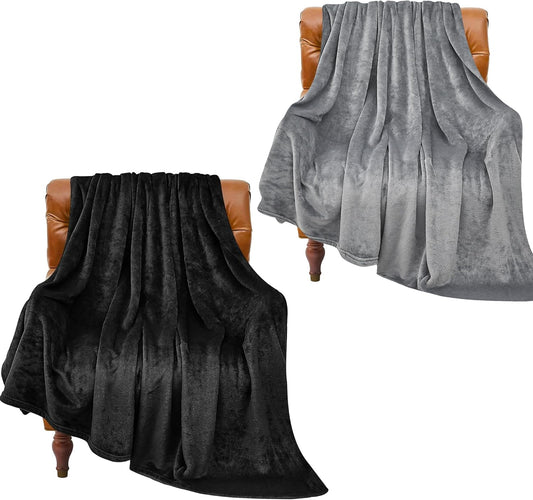 2 Pieces Fleece Blankets (Black & Grey, 50"X60"), Luxury Plush Cozy Fuzzy Blankets