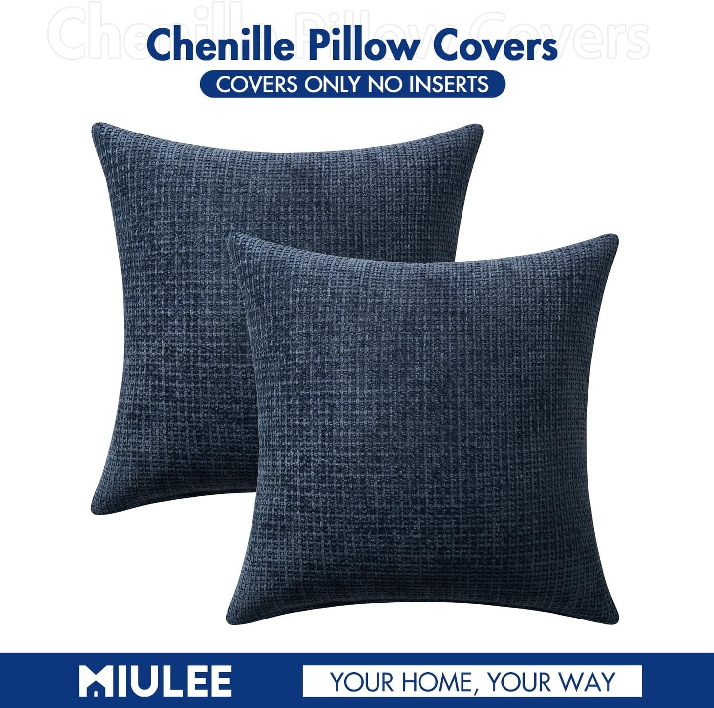 Pack of 2 Couch Throw Pillow Covers 18X18 Inch Coastal Navy Blue Modern Boho Accent Decorative Pillow Covers Soft Chenille Farmhouse Cushion Covers for Home Decor Bed Sofa Living Room