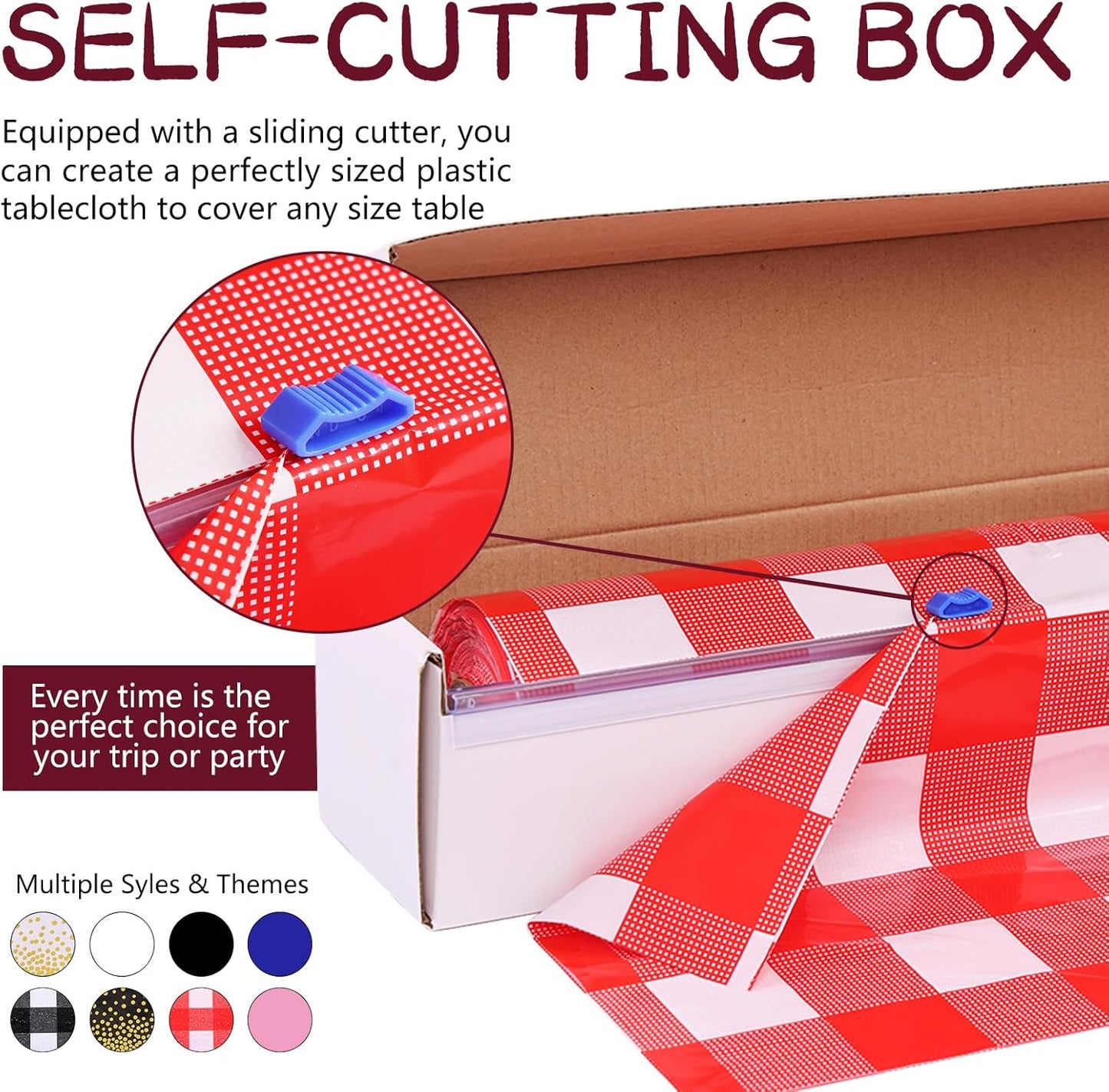 Red Gingham Plastic Tablecloth Roll 54 Inch X 120Ft Red Checkered Disposable Plastic Table Cover Rolls with Easy Slide Self Cutter Box- Cut to Any Size Disposable Tablecloth for Picnic Party