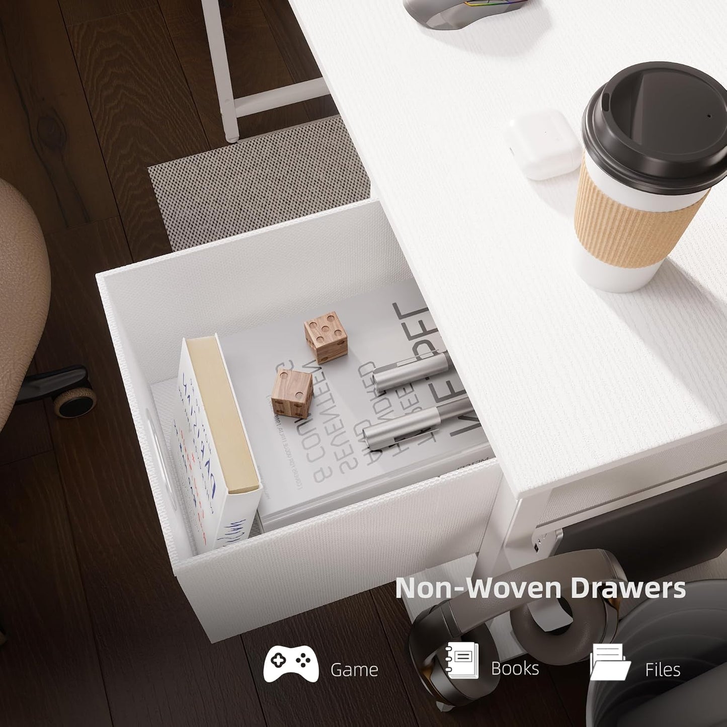 39 Inch Computer Desk with Monitor Stand Small Home Office Desks with Non-Woven Storage Drawer for Bedroom Study Table Writing and Work Desk White,White Leg