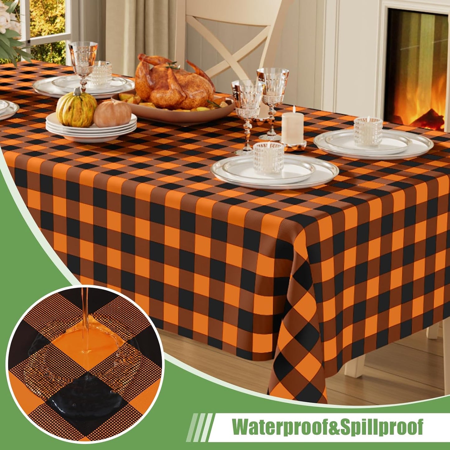3 Packs Gingham Disposable Table Cloth, 54 X 108 Inch Waterproof Plastic Tablecloth, Rectangle Black and Orange Checkered Table Covers for Picnic, Birthday, Party