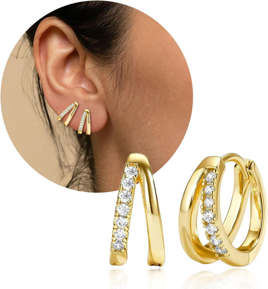 Small Huggie Hoop Earrings for Women, 14K Gold Plated Double Hoop Earrings, Cubic Zirconia Huggies Mini Hoop Earrings for Teen Girls