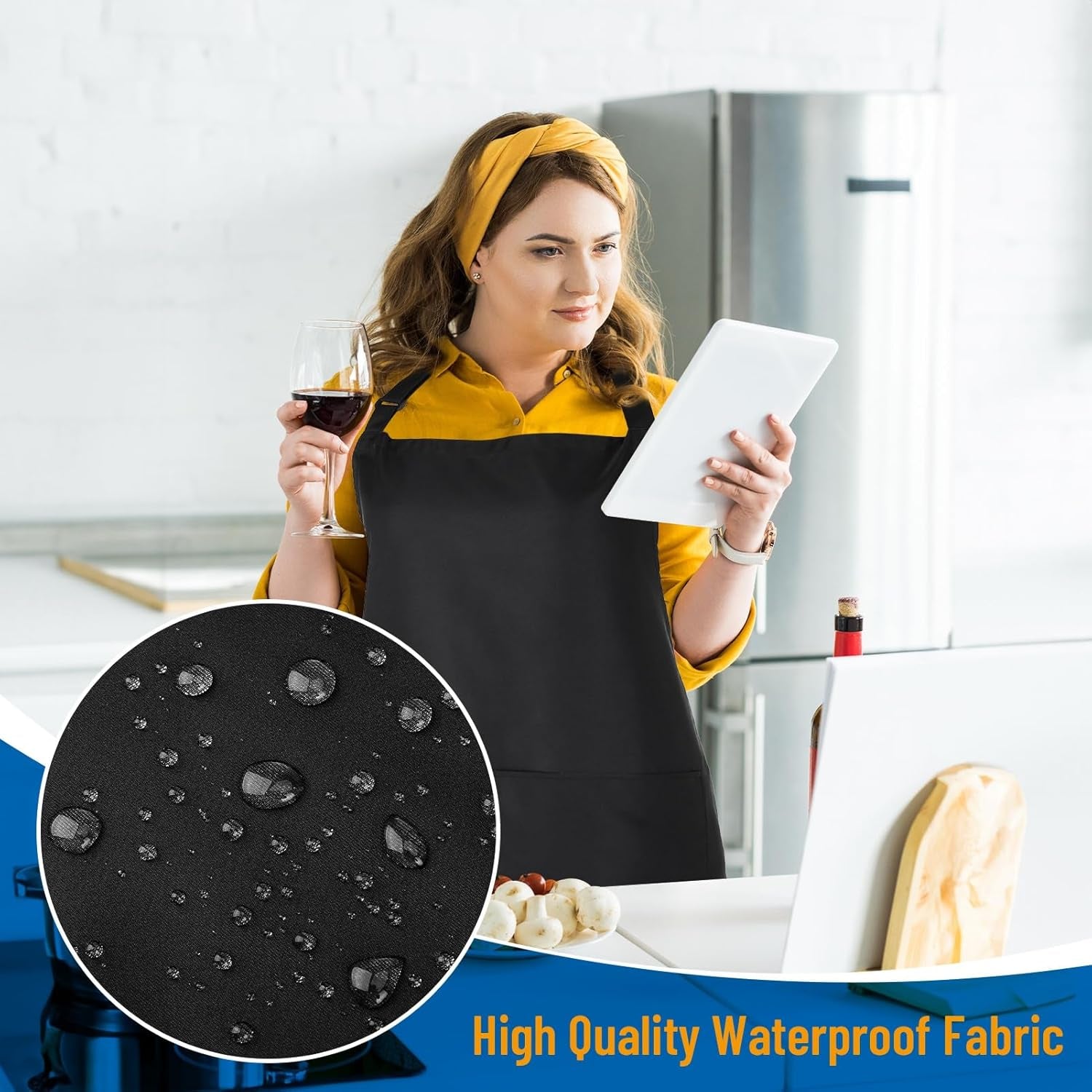 plus Size Aprons for Women with Pockets Adjustable Blooming Waterproof Aprons for Kitchen, Cooking (Black)