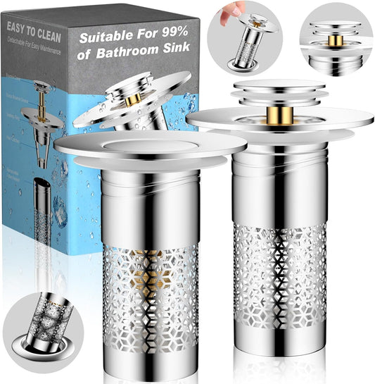 Universal Bathroom Sink Drain Strainer Set - Removable 304 Stainless Steel Filter Basket and Hair Catcher Plug for 1.1"-1.45" Drain Openings, 2 Pack