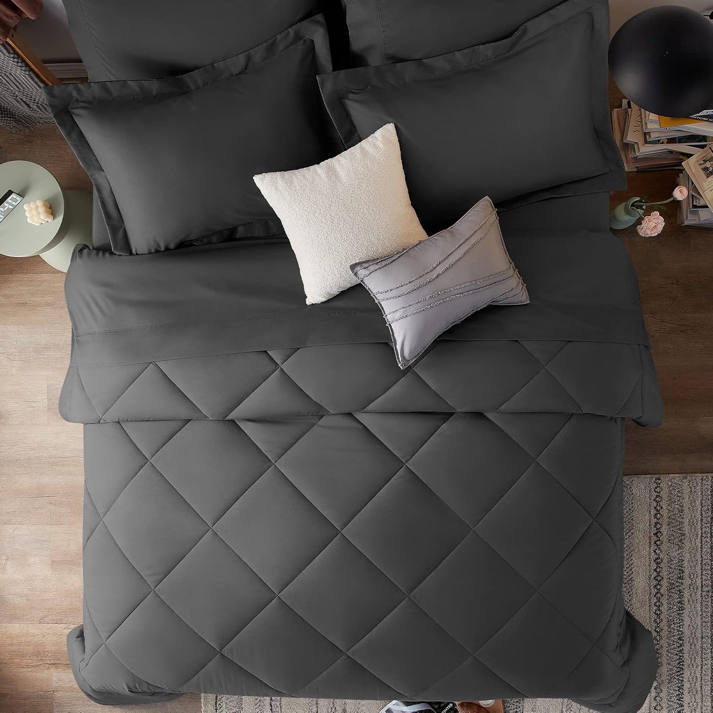California King Comforter Set with 7 Pieces Bed in a Bag Dark Grey Cal King All Season Bedding with Comforter, Pillow Shams, Flat Sheet, Fitted Sheet and Pillowcases