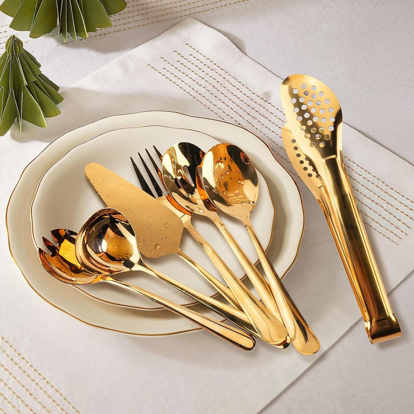 Gold Serving Utensils Set, 12 Pack Polished Stainless Steel, Includes Spoons, Forks, Tongs, Ladle, Cake Server (Gold)