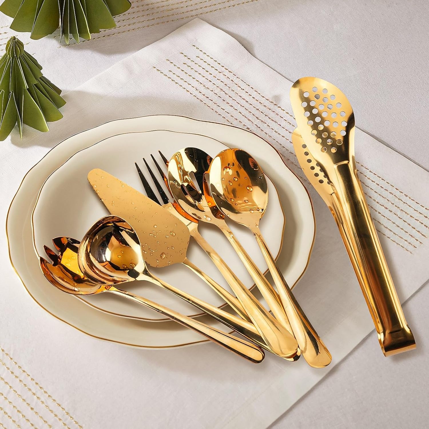 Gold Serving Utensils Set, 12 Pack Polished Stainless Steel, Includes Spoons, Forks, Tongs, Ladle, Cake Server (Gold)