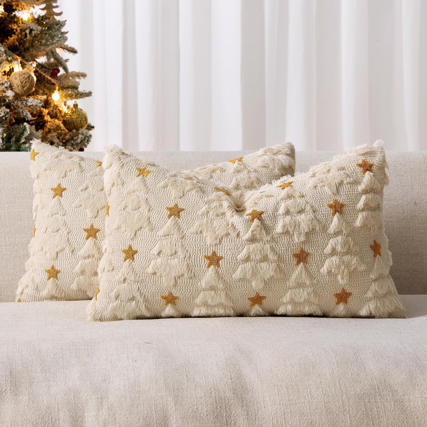 Christmas Pillow Covers 12X20 Inch Set of 2, Beige Christmas Tree Plush Faux Fur Pillowcases Soft Decorative Throw Pillow Cases for Couch Sofa Living Room Winter Xmas Holiday Home Decor