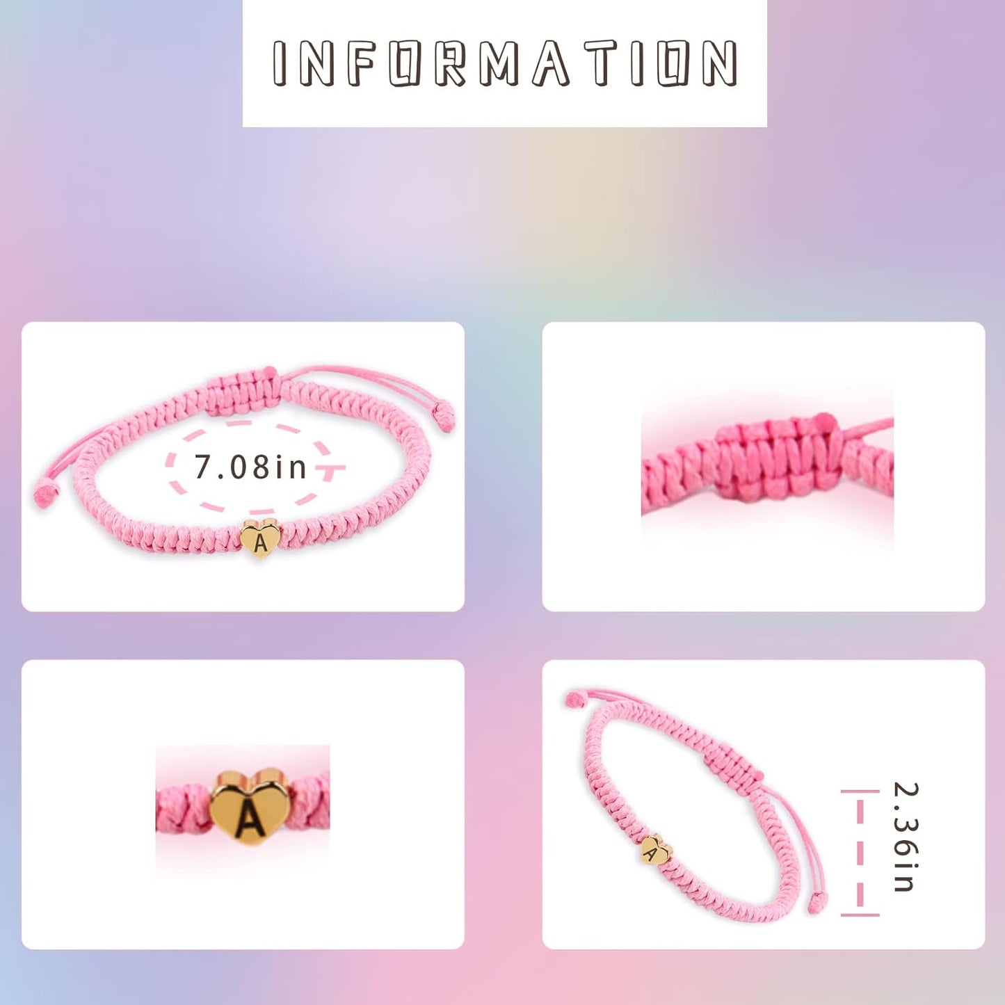 Pink Weave Rope Letter Bracelet for Women, Initial Bracelet Heart Charm 26 Letters A-Z Alphabet Handmade Adjustable Jewelry for Couple Teenage Girls Sister Valentines Day Mother'S Day (Pink-E)