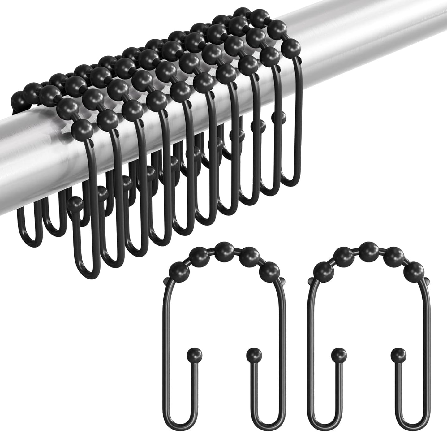 Shower Curtain Hooks, Black Rust Proof Non-Slip Double Hooks for Shower Curtain, Sturdy Metal Rings Bathroom 12Pcs